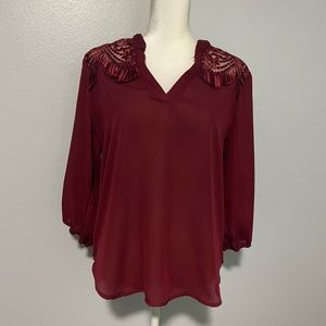 “Cure” long sleeve maroon v neck blouse, medium.